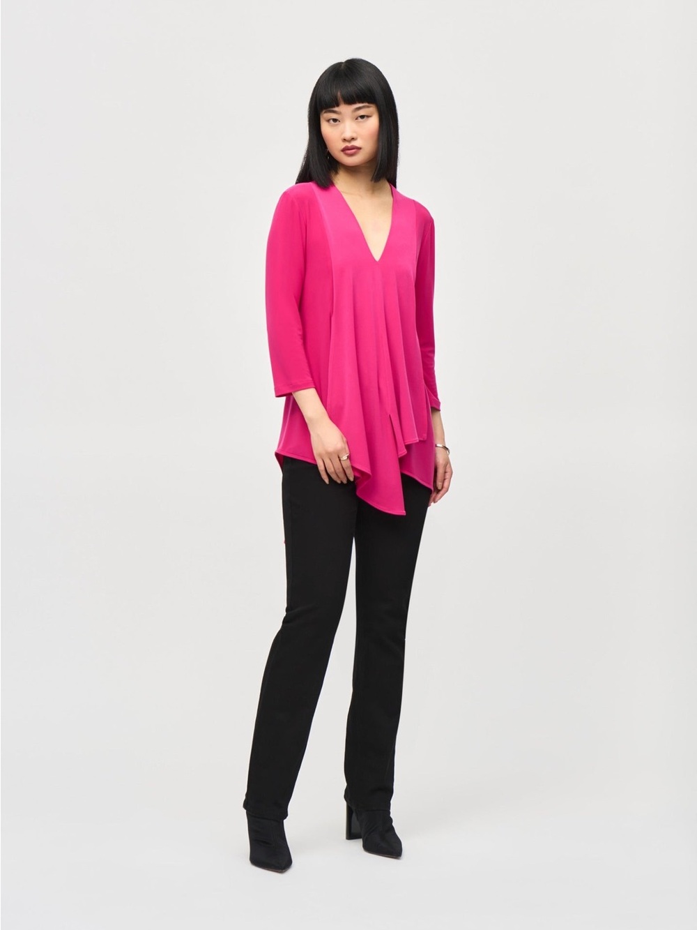 Joseph Ribkoff Pink Punch Asymmetric 3/4 Sleeve Tunic Blouse Top